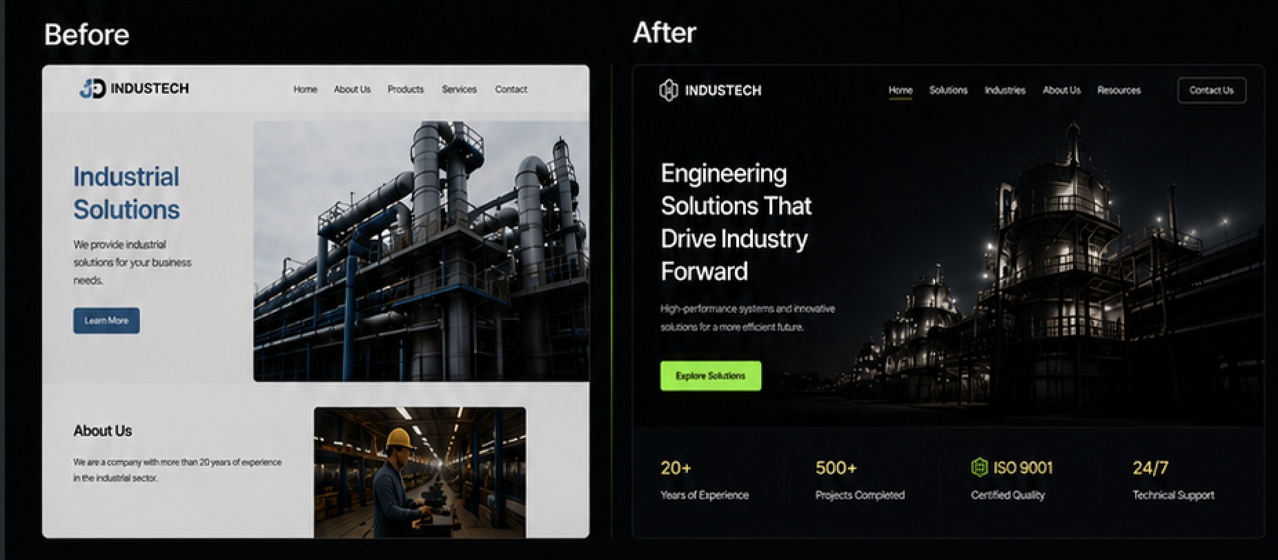 Before and after industrial website redesign